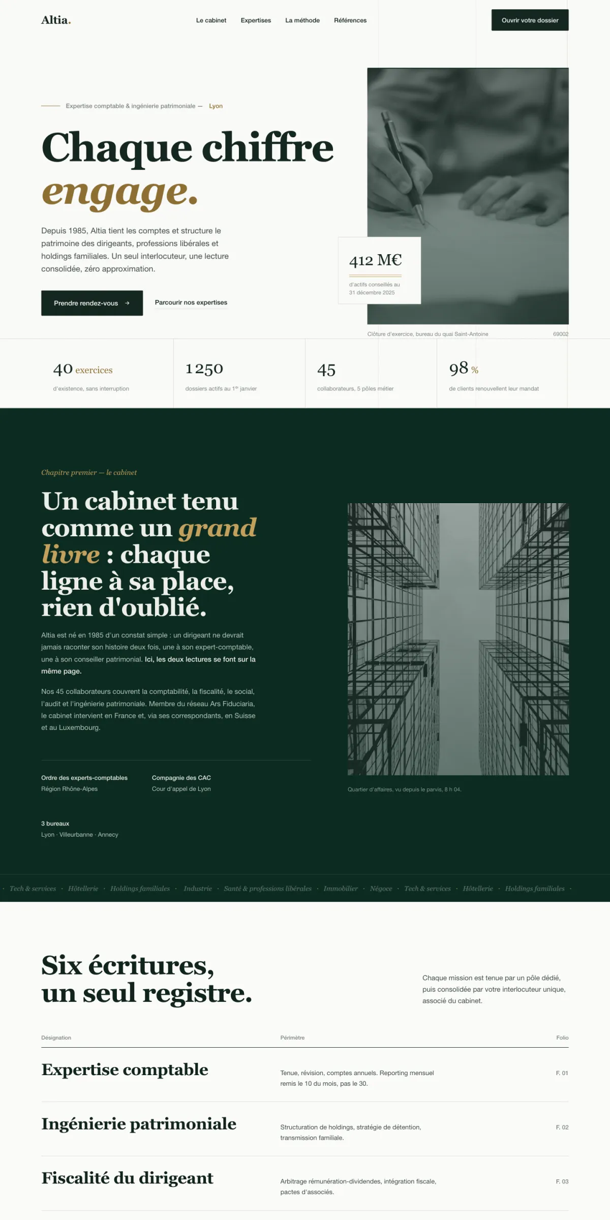 Exemple de site conçu pour une profession du chiffre : ton institutionnel, palette vert et papier