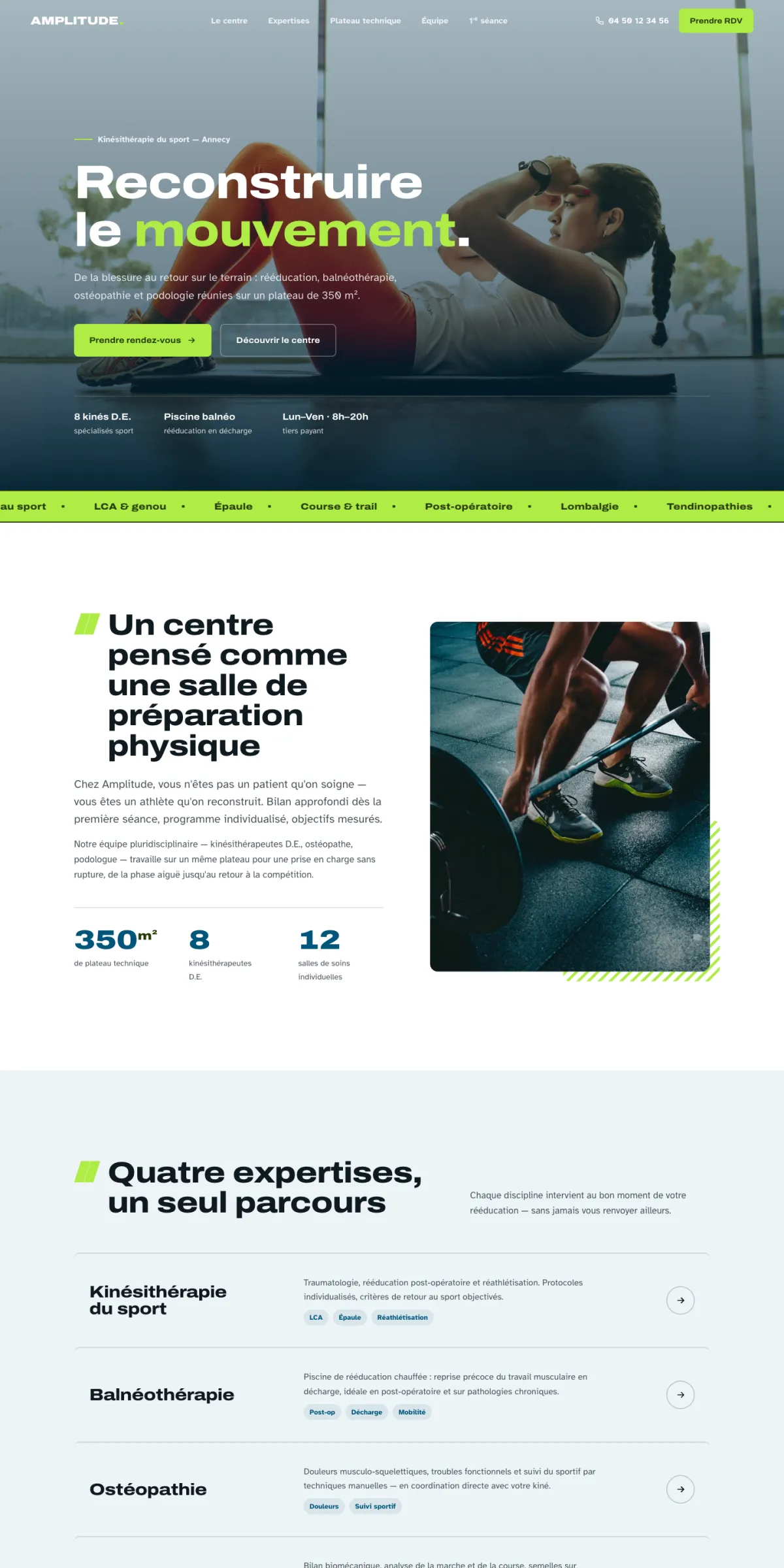 Exemple de site conçu pour une profession de santé : univers sombre et sportif, prise de rendez-vous