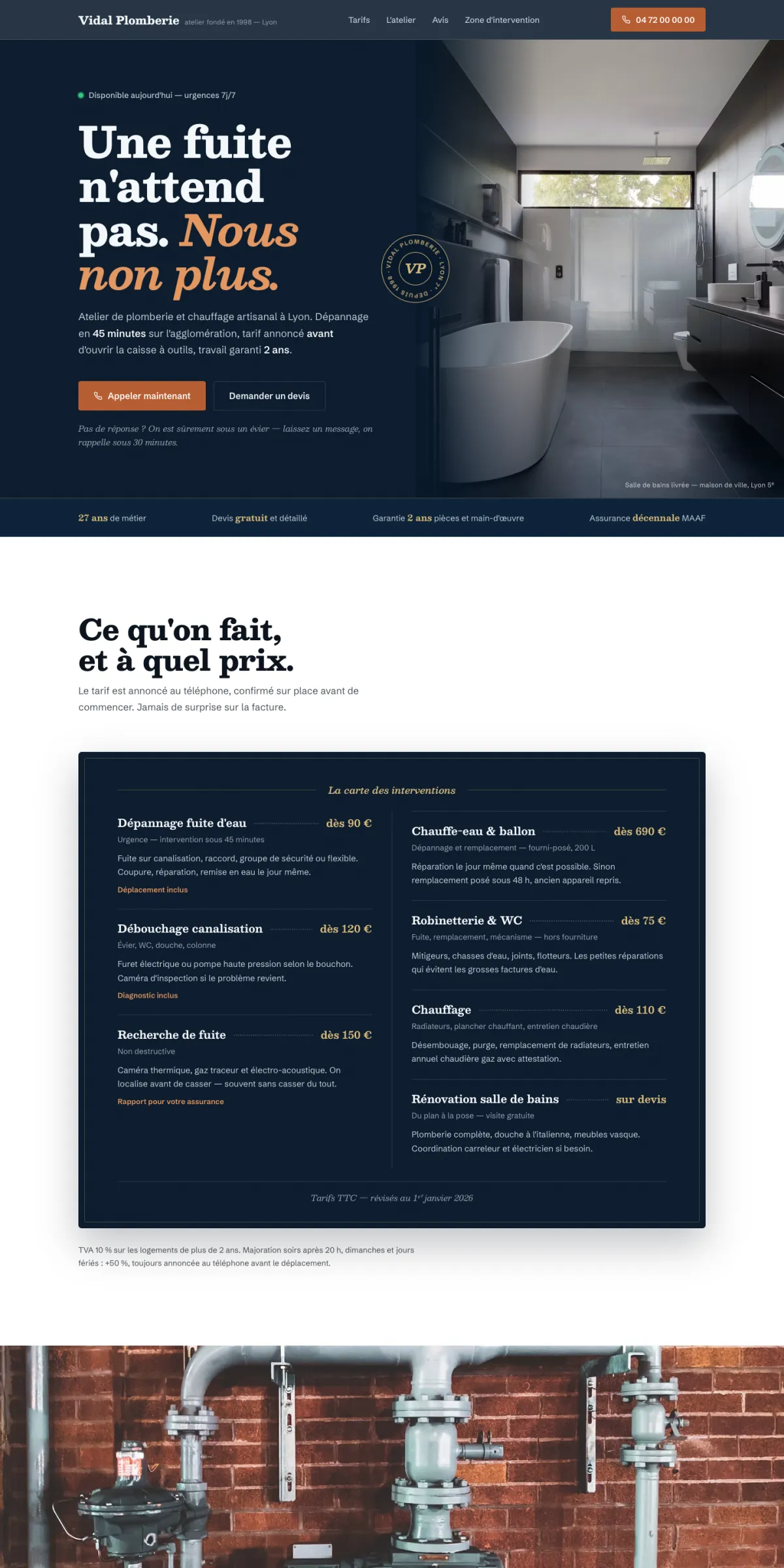 Exemple de site conçu pour un artisan : fond sombre, appel direct dès le premier écran